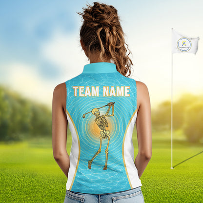 White, Gold & Blue Ocean Skeleton Golf Sleeveless Polo Shirts For Women Custom Skull Golf Team Jersey, Golf Gifts NYN4033