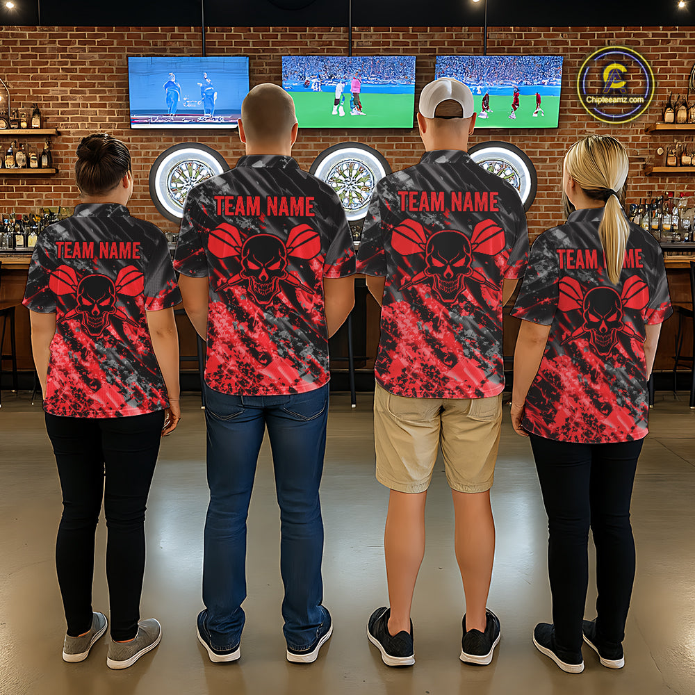 Custom Streaks Red And Grey Skull Men Darts Quarter-Zip Team Shirt Skull Dart League Jerseys NYN2179