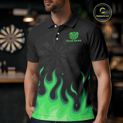 Custom Green Flames Skull Dartboard Polo Darts Shirt For Men Outfit Dart Team Jersey NYN0995
