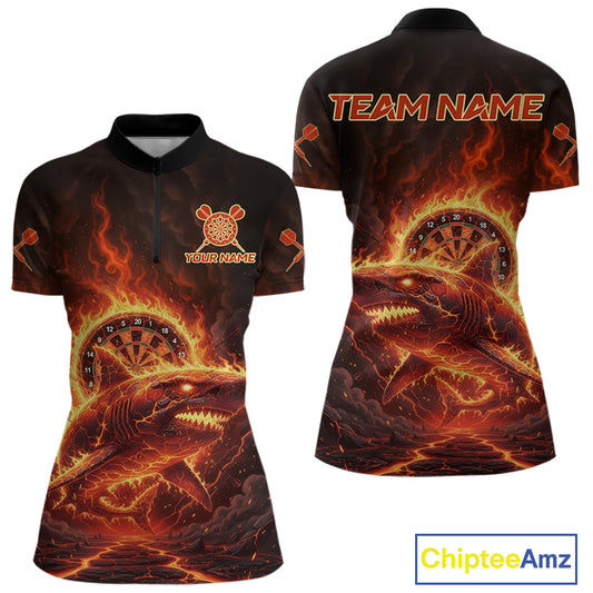 Red Flames Shark Cracked Dartboard Custom Women Darts Quarter-Zip Shirt Fire Flame Dart Jerseys NYN1919