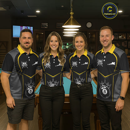 Black 8 Ball Crown Pool Women Polo & 1/4-Zip Team Shirts Custom Billiards Ball & Cue Attire|Yellow NYN2459