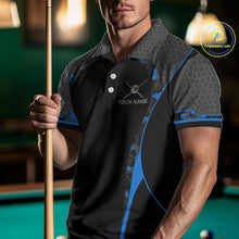 Load image into Gallery viewer, Camo 8 Ball Pool Billiard Polo &amp; 1/4-Zip Shirt For Men Custom Blue And Black Billiard Team Attire NYN3049