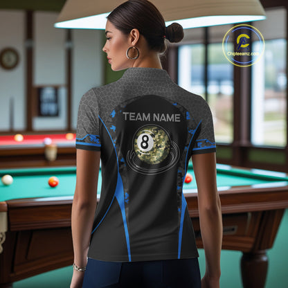 Camo 8 Ball Pool Billiard Polo & 1/4-Zip Shirt For Women Custom Blue And Black Billiard Team Attire NYN3049