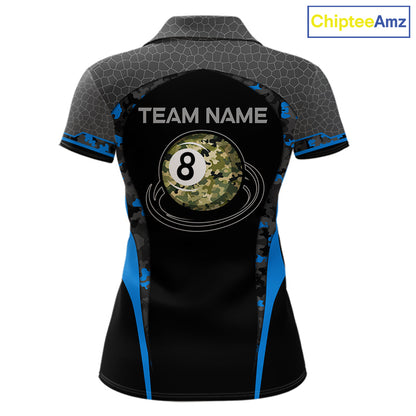 Camo 8 Ball Pool Billiard Polo & 1/4-Zip Shirt For Women Custom Blue And Black Billiard Team Attire NYN3049