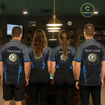 Camo 8 Ball Pool Billiard Polo & 1/4-Zip Shirt For Men Custom Blue And Black Billiard Team Attire NYN3049