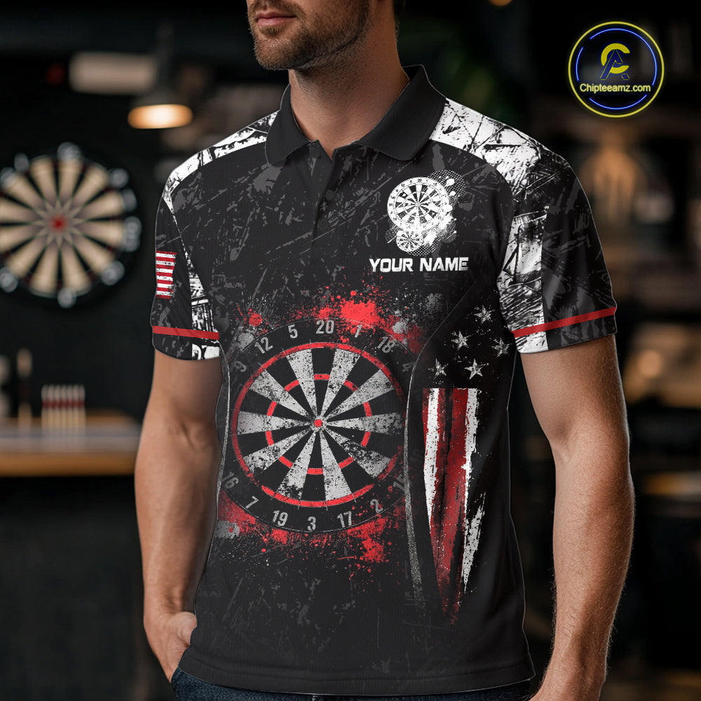 Black, White And Red Splatter Dartboard Men Dart Shirt Custom Grunge US Flag Dart Team Attire NYN3212