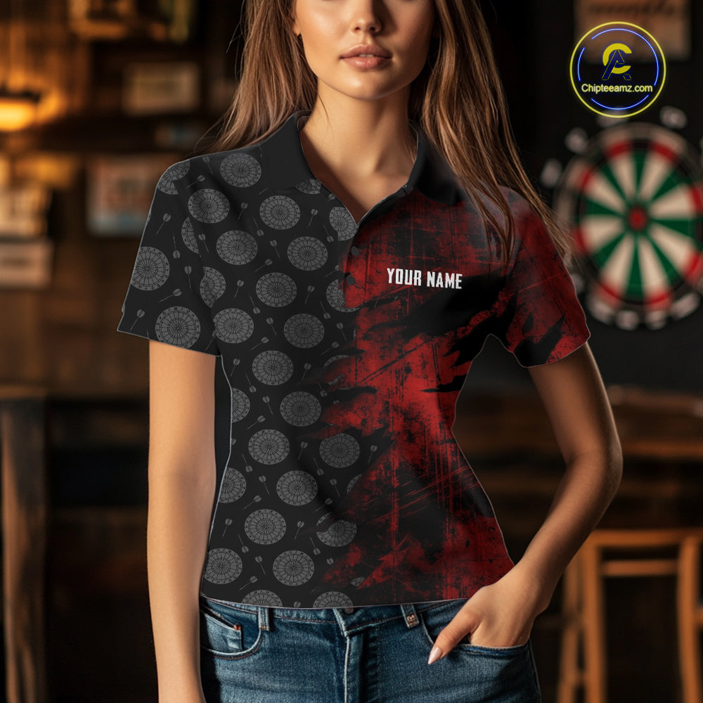 Red Grunge Splatter Women Dart Shirt Personalized Dartboard & Arrow Pattern Dart Team Attire NYN3215