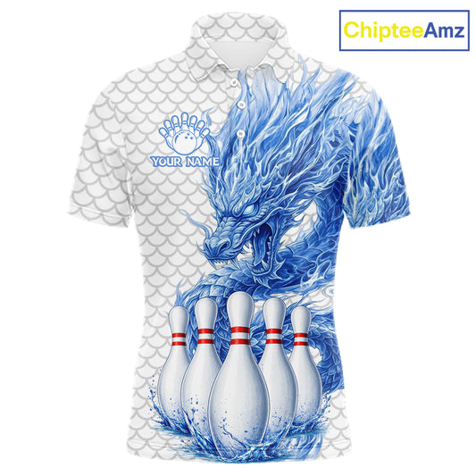 Men's white blue dragon bowling polo shirt mockup custom bowling team jersey splatter dragon bowling apparel