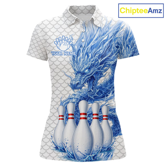 Women's white blue dragon bowling polo shirt mockup custom bowling team jersey splatter dragon bowling apparel