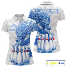 Load image into Gallery viewer, Women's white blue dragon bowling polo shirt mockup custom bowling team jersey splatter dragon bowling apparel