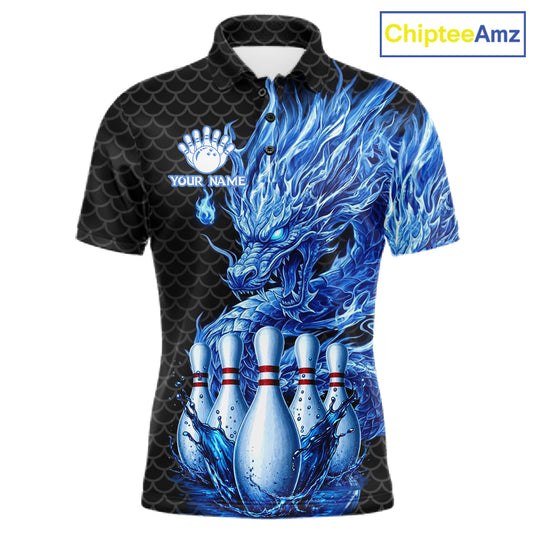 Men's black blue dragon bowling polo shirt mockup custom bowling team jersey splatter dragon bowling apparel