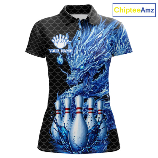 Women's black blue dragon bowling polo shirt mockup custom bowling team jersey splatter dragon bowling apparel