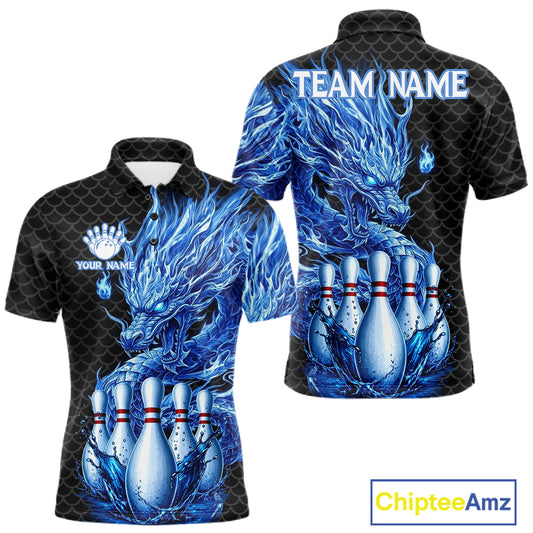 Men's black blue dragon bowling polo shirt mockup custom bowling team jersey splatter dragon bowling apparel