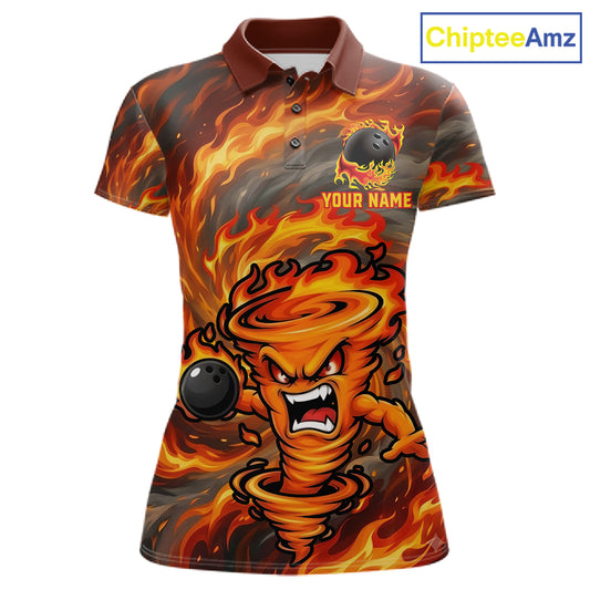 Women's red storm fire flame bowling polo shirt mockup custom bowling team jersey flame bowling apparel