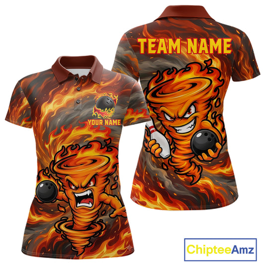 Women's red storm fire flame bowling polo shirt mockup custom bowling team jersey flame bowling apparel