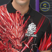 Load image into Gallery viewer, Male model wearing thunder lightning red dragon bowling polo shirt custom bowling team jersey