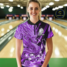 Load image into Gallery viewer, Female model wearing thunder lightning purple dragon bowling polo shirt custom bowling team jersey