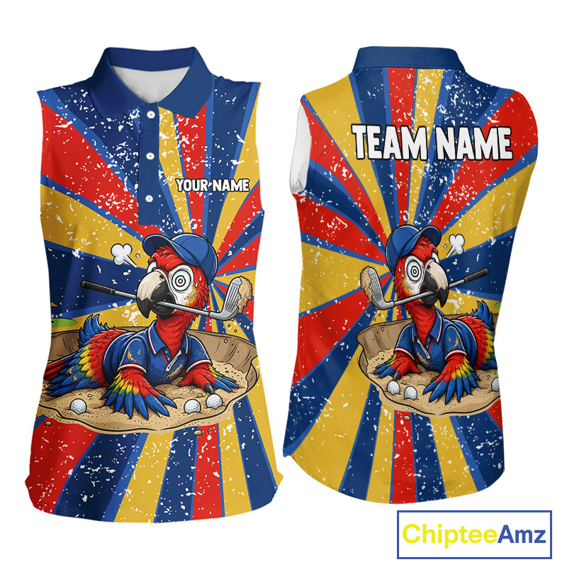 Women's colorful Parrot golf design on sleeveless polo mockup, personalized UPF golf apparel for golf tournaments, golf clubs and golf vacations. Perfect for parrot lovers, birdwatchers, wildlife enthusiasts, rainforest travelers. Represents freedom, intelligence, creativity and communication. Keywords: custom golf sleeveless polo, tropical golf shirt, golf team apparel.