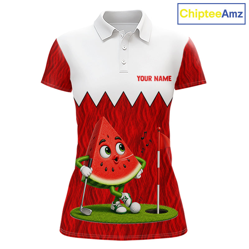 Women's golf polo mockup featuring playful watermelon graphics, personalized golf tournament apparel for ladies golf leagues, summer golf trips and golf clubs.