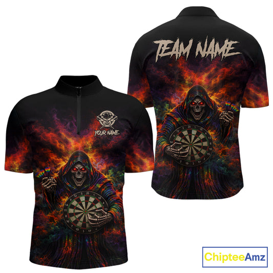 Colorful Smoke Horror Grim Reaper Dartboard Dart 1/4-Zip Shirts For Men Custom Dart Team Shirts NYN2677