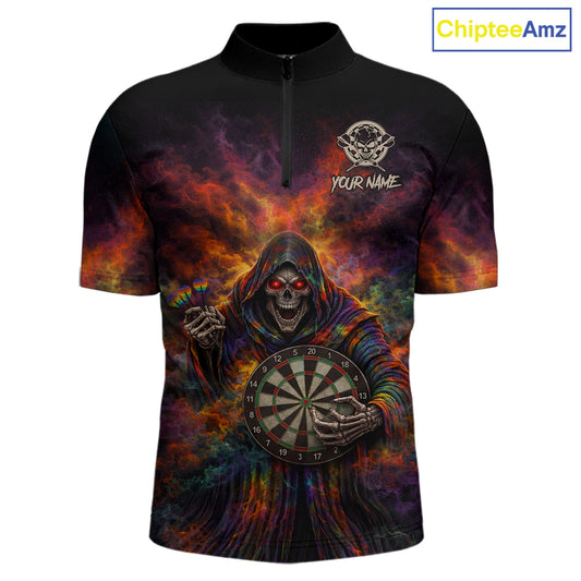 Colorful Smoke Horror Grim Reaper Dartboard Dart 1/4-Zip Shirts For Men Custom Dart Team Shirts NYN2677