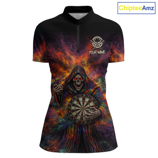 Colorful Smoke Horror Grim Reaper Dartboard Dart 1/4-Zip Shirts For Women Custom Dart Team Shirts NYN2677