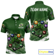 Load image into Gallery viewer, White Green Grunge Shamrock 8 Ball Men Billiards Shirt Personalized St Patrick's Day Pool Balls Shirt NYN2678