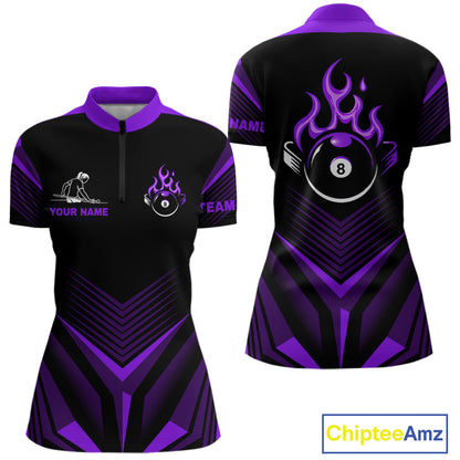 Purple Flaming 8 Ball Pool Polo & 1/4-Zip Team Shirt For Women Custom Billiards Ball Apparel NYN2832