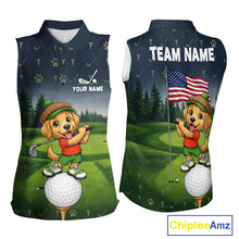 Load image into Gallery viewer, Women's American Flag Golden Retriever golf sleeveless polo shirt mockup patriotic golf team outfit