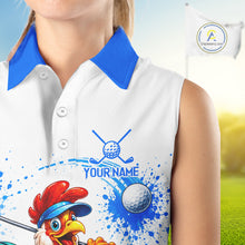 Load image into Gallery viewer, Woman wearing rooster golfer golf sleeveless polo shirt on golf course