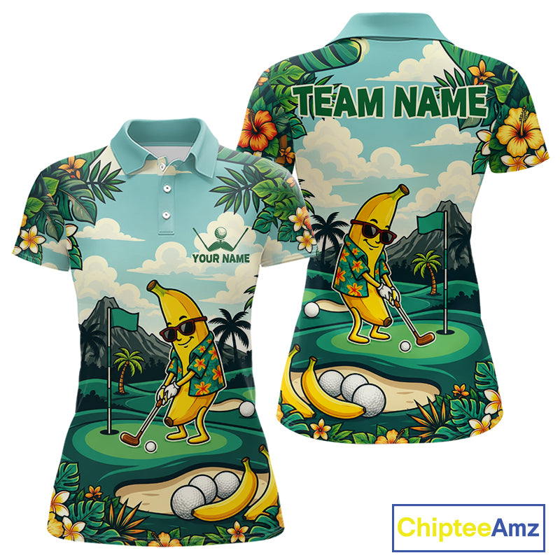 Women's funny banana golfer golf polo shirt mockup monstera tropical golf apparel