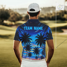Load image into Gallery viewer, Man wearing tropical sunset palm tree golf polo shirt during golf outing