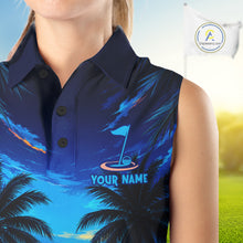 Load image into Gallery viewer, Woman wearing tropical sunset palm tree golf sleeveless polo shirt during golf outing