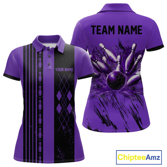 Woman wearing Retro Purple Argyle Bowling Polo Shirt with vintage argyle pattern, personalized bowling team apparel, retro bowling fashion, custom tournament polo, athletic performance clothing.