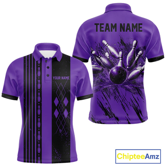 Retro Purple Argyle Bowling Polo featuring classic argyle design, personalized bowling jersey, retro sportswear, custom bowling team uniform.
