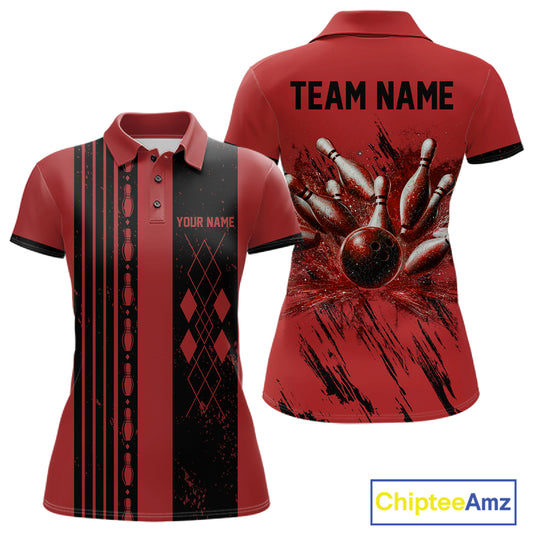 Woman wearing Retro Red Argyle Bowling Polo Shirt featuring classic red argyle pattern, custom bowling team polo, vintage tournament apparel, breathable performance fabric.