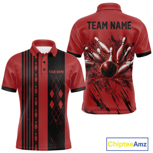 Retro Red Argyle Bowling Polo with personalized bowling team name, retro sportswear, classic bowling apparel, league uniform.