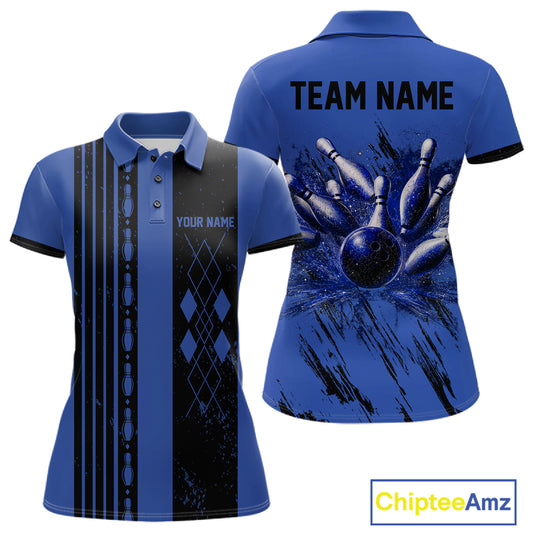 Woman wearing Retro Blue Argyle Bowling Polo Shirt with personalized bowling team design, classic blue argyle pattern, breathable performance polo, retro sportswear.
