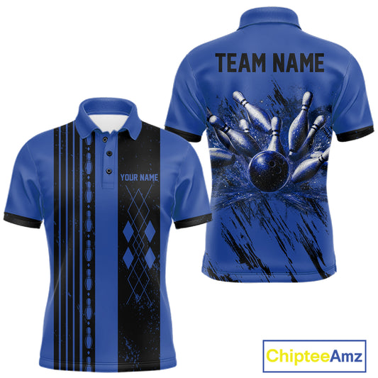 Blue Argyle Bowling Polo featuring custom bowling team graphics, league apparel, vintage-inspired bowling fashion.