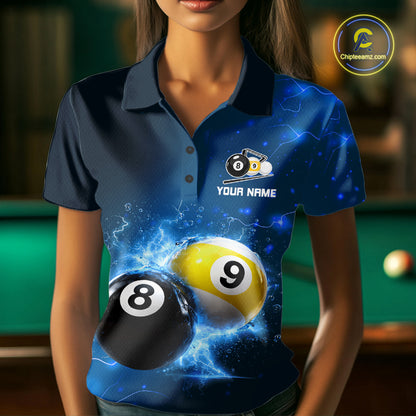 Custom 8 Ball & 9 Ball Womens Billiard Shirt Personalized Thunder Blue Billiard Tournament Jerseys NYN3777