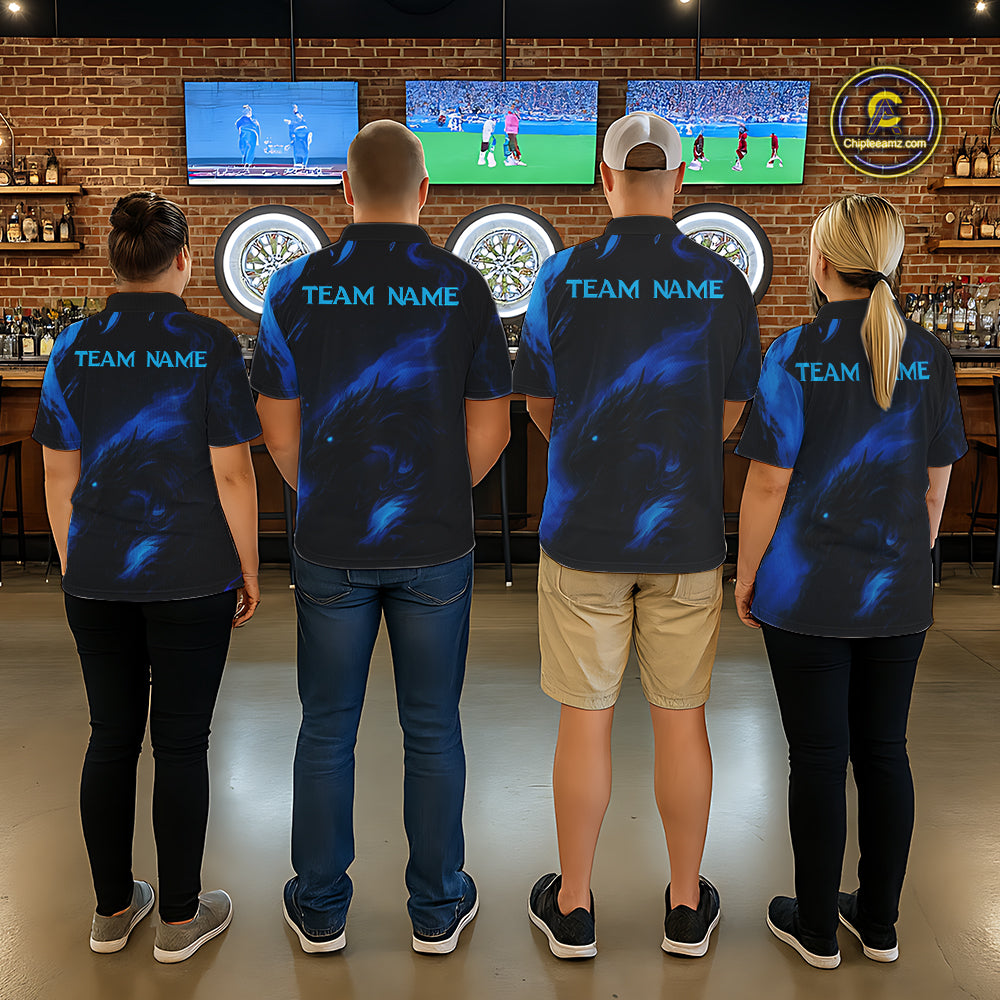 Personalized Black And Blue Flames Dragon Dart Polo Shirts For Men Dart Team Jerseys NYN2188