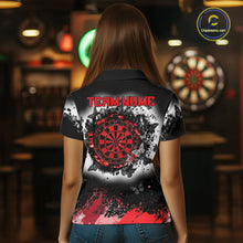 Load image into Gallery viewer, Woman wearing white red black butterfly dart shirt custom dart uniform mockup