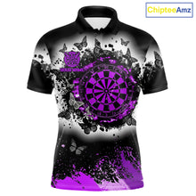 Load image into Gallery viewer, Men's white purple black grunge butterfly dart polo shirt mockup custom dart team jersey