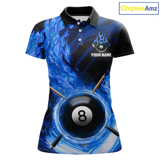 Personalized Blue 8 Ball Fire Flame Billiard Polo & 1/4-Zip For Women 8 Ball Pool Team Jersey NYN2847