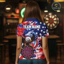 Load image into Gallery viewer, Female dart player wearing Smoke American Flag custom dart shirt, professional dart league apparel