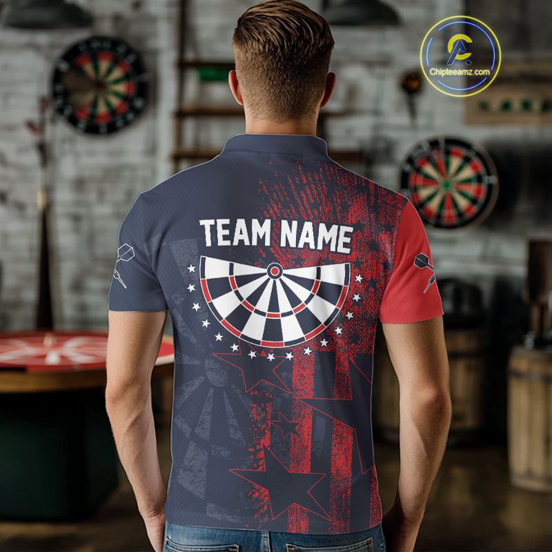 US Flag Grunge Star Dartboard Men's Darts Polo Shirt - Custom Name For Players NYN0755