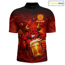 Load image into Gallery viewer, Red|Funny Bull &amp; Beer Thunder Lightning Dart 1/4-Zip Shirts For Men Custom Name For Darters NYN2698