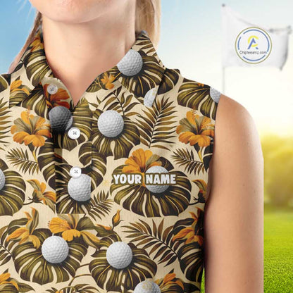 Personalized Tropical Yellow Monstera & Golfs Pattern Custom Golf Sleeveless Polo Shirt For Women Golf Clothes NYN2865