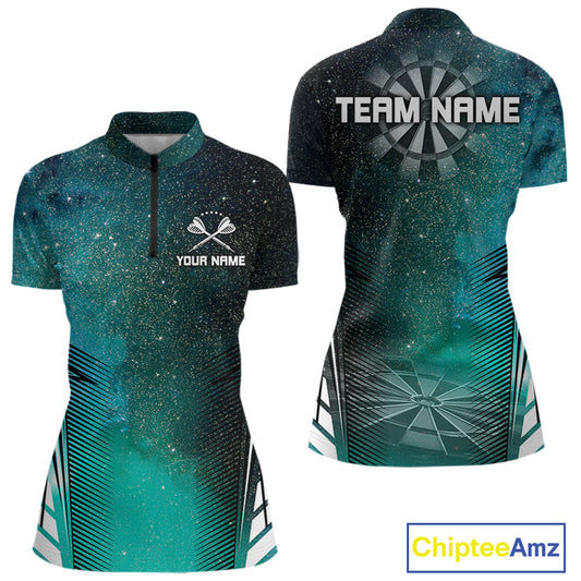 Custom Women's Darts Team Shirt With Cosmic Teal Gradient & Abstract Dartboards NYN0287