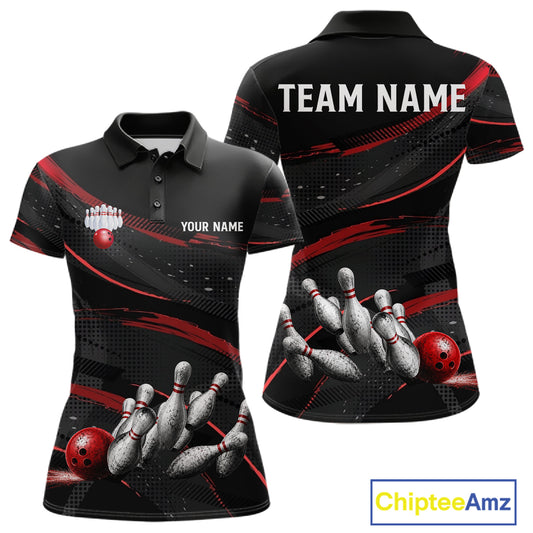Black And Red Grunge Bowling Ball & Pins Jersey For Women Personalized Team Bowling Shirts NYN3227